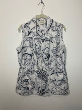 Zenergy by Chico’s Paisley Full-Zip Vest Size 1 Medium Black & White Drawstring